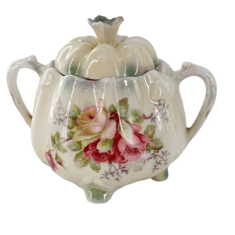 Vintage German Sugar Bowl Floral‎ Hand Painted Gilt Farmhouse Kitchen Country